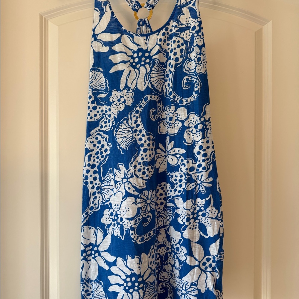 Lilly Pulitzer XS Shore Dress Blue Quahog Chowdah Gold Ring Detail Resort Wear